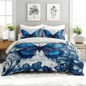3pcs  Butterfly Comforter Set, Elegant Botanical Themed Duvet Set for Girls and Adults Bedroom or Guest Room Decor, Lightweight Soft All Seasons Comforter Machine Washable Microfiber Quilt with 2 Pillowcases , Gifts for the Family