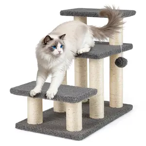 COSTWAY - 3-Tier Cat Stairs 20 Inch with Scratching Posts and Hanging Toy Ball-Gray
