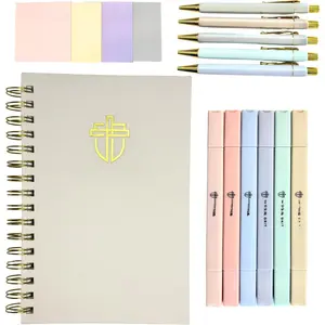 Journaling Kit, Complete  Study Supplies with A5 Spiral Journal Notebook, No-Bleed  Highlighters, Transparent Sticky Notes  Pens, Christian Gifts for Women, White/Beige