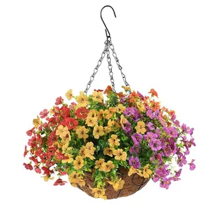 Artificial Silk Flowers in Hanging Basket Outdoor Indoor Patio Lawn Garden Decor,Hanging Daisy Basket with 12inch Coconut Lining Chain Palm Flowerpot(Multicolor)