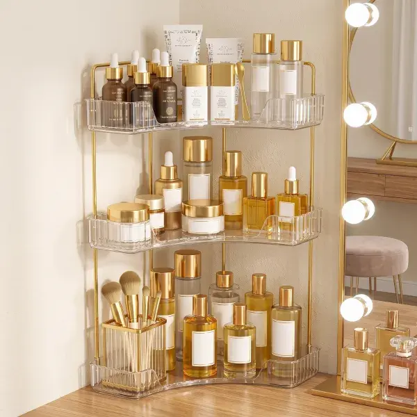 Space Saving 3 Tier Corner Desktop Beauty Storage Organizer, Sturdy Display Rack Holds Perfume, Skincare, Lipstick, Ideal Storage Shelf for Vanity Table, Bathroom Counter and Pantry Sundries office desk supply countertop