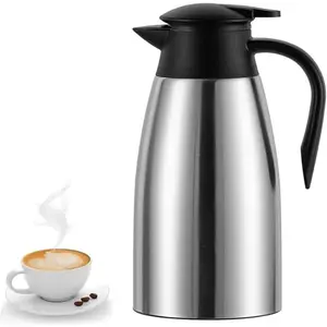 Insulated Thermal Coffee Carafe Stainless Steel Double Walled Vacuum Coffee Thermos, Hot Water, Hot Beverage Dispenser, Keep 24 Hour Heat Retention/12 Hour Cold Retention (Silver, 2L)