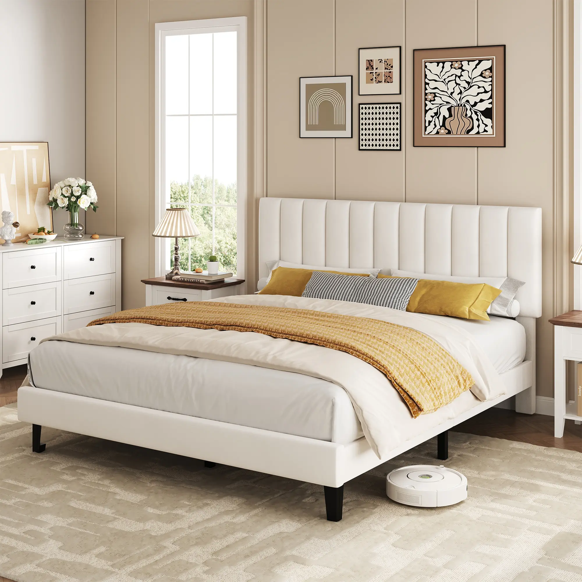 Upholstered Platform Bed Frame with Adjustable Height Vertical Channel Tufted Headboard, Sturdy Wooden Slats, Noise-Free, Twin/Full/Queen Sizes – White, Pink, Green, Modern Bedroom, Bed Frame Storage Solutions