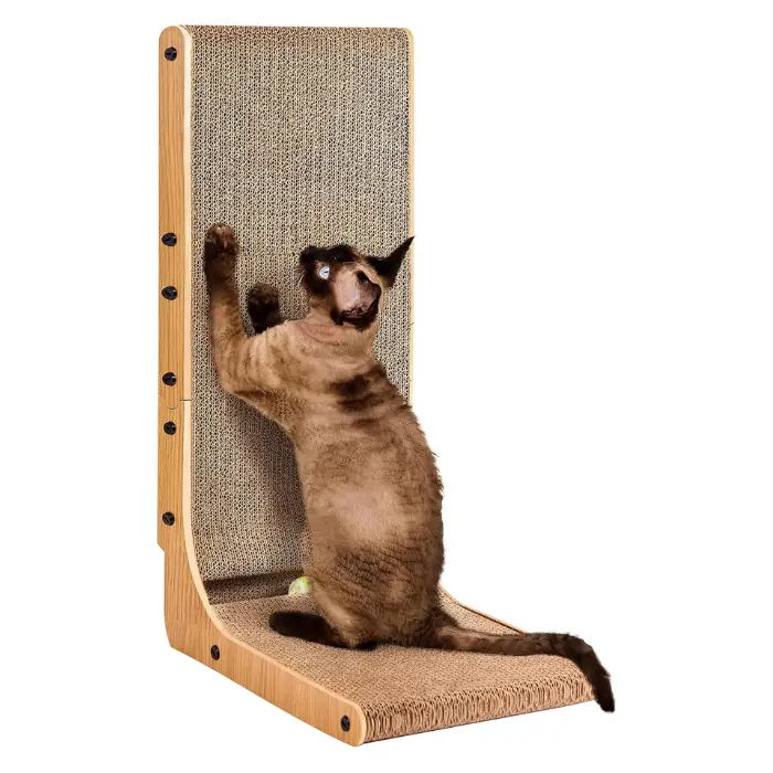 L-Shaped Freestanding Cardboard Large Scratcher Pad, 26.8-inch Vertical Wipe-Clean Pet Furniture with Included Ball Toy for Indoor Cats