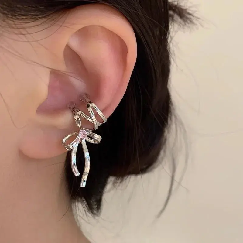 1 Pair Fashion Silver Color Bow Cross Ear Clip Earrings for Women Minimalist Metal Without Piercing Ear Cuff Jewelry Gifts Decor