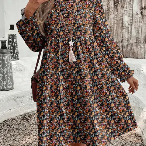 Women's Fashion Elegant Round Neck Dress, Perfect for Daily Wear, Casual Vacation, Long Sleeve Loose-Fit Floral Pattern