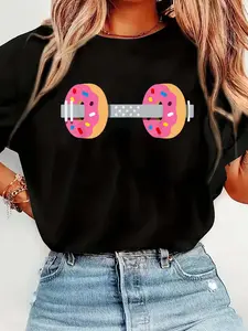 Dumbbells Donuts Weightlifting Funny Gym Workout Short Sleeve Crew Neck Casual Top For Summer & Spring, Women's Clothing