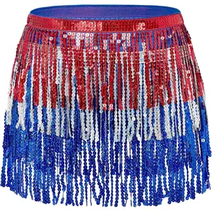 Women's Belly Dance Hip Scarf Skirt Sparkly Tassel Disco Outfits Sequin Wrap Rave Costumes Fringe Skirt