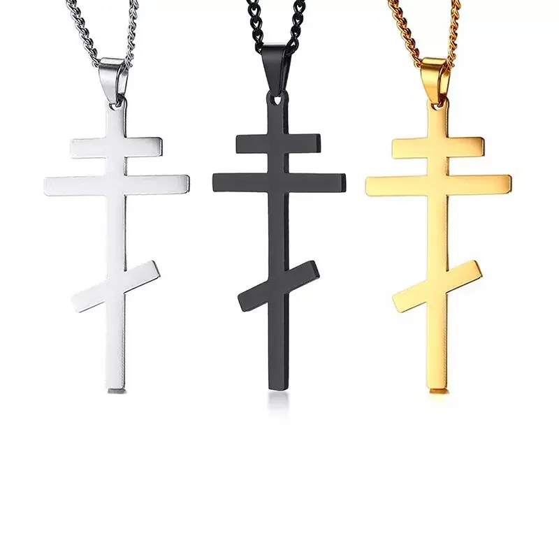 Cross Necklace, Eastern Orthodox, Stainless Steel Pendant, Men, Russian, Greek