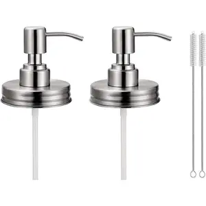2 Pack Mason Jar Soap Dispenser Lids with Pumps, Rustproof Stainless Steel Lotion Dispenser Lids Replacement for 16 oz Regular Mouth Mason Jar Decor, 2 Brushes Included Silver