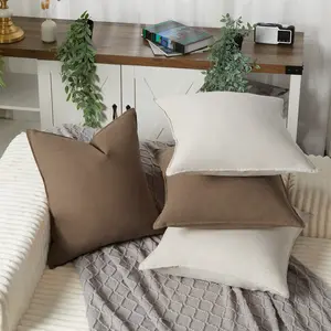 OUTGOODS Set of 4 Linen Throw Pillow Covers 18x18 Inch – Neutral Boho Farmhouse Decorative Cushion Cases – 2 Khaki & 2 Coffee – For Couch, Sofa, Bedroom