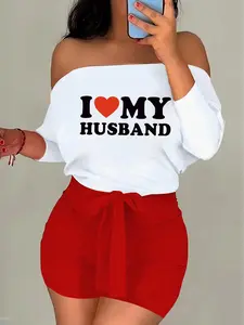 Women's Heart Print Off Shoulder Tee & Pants Set, Casual Fashion Cozy Top & Trousers for Daily Outdoor Wear, Ladies Clothes for All Seasons, Suits