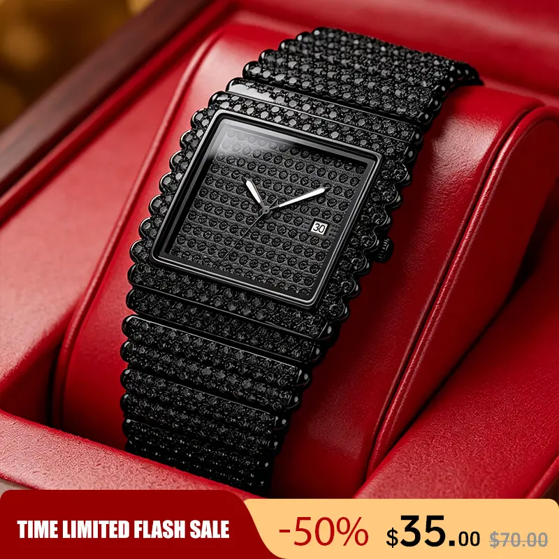 Luxury Iced Out Square Watch For Men, Gold Full Diamond Bling Wristwatch With Date, Men's Bling Diamond Watch With Gift Box, Ideal Gift For Him