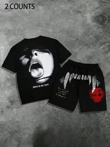 Men's Dark Aesthetic Short Set, Gothic Face Print Tee & Skeleton Skull Shorts, Slim Fit 2-Piece Streetwear for Guys