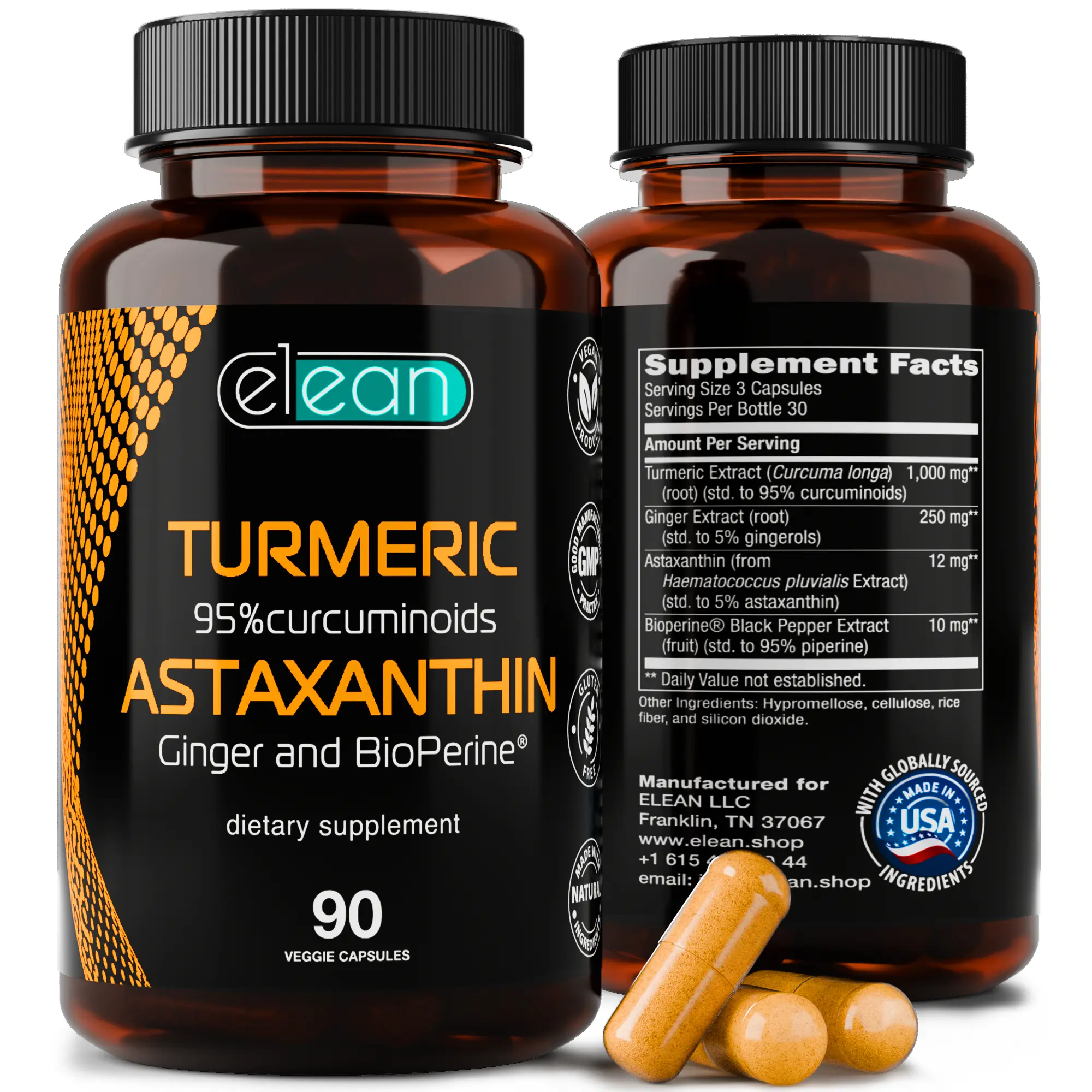 ELEAN Turmeric, Astaxanthin 12mg, Ginger & Black Pepper Blend for Joint Health, Knee and Muscle Comfort, Eye and Skin Support, Immune Support and Gut Health. 90 Capsules 30 Days Supply. Gluten Free GMO-Free Supplement Healthcare
