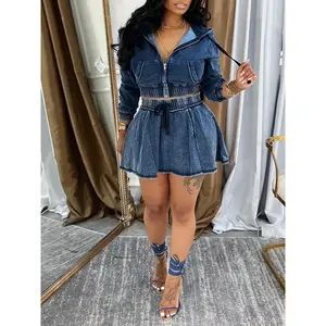 Women's Denim Jacket  & Short Skirt Two-piece Set, Matching Skirt Set, Cute Casual Two Piece Outfits for Daily Outdoor Wear, Women Clothes for Spring Fall