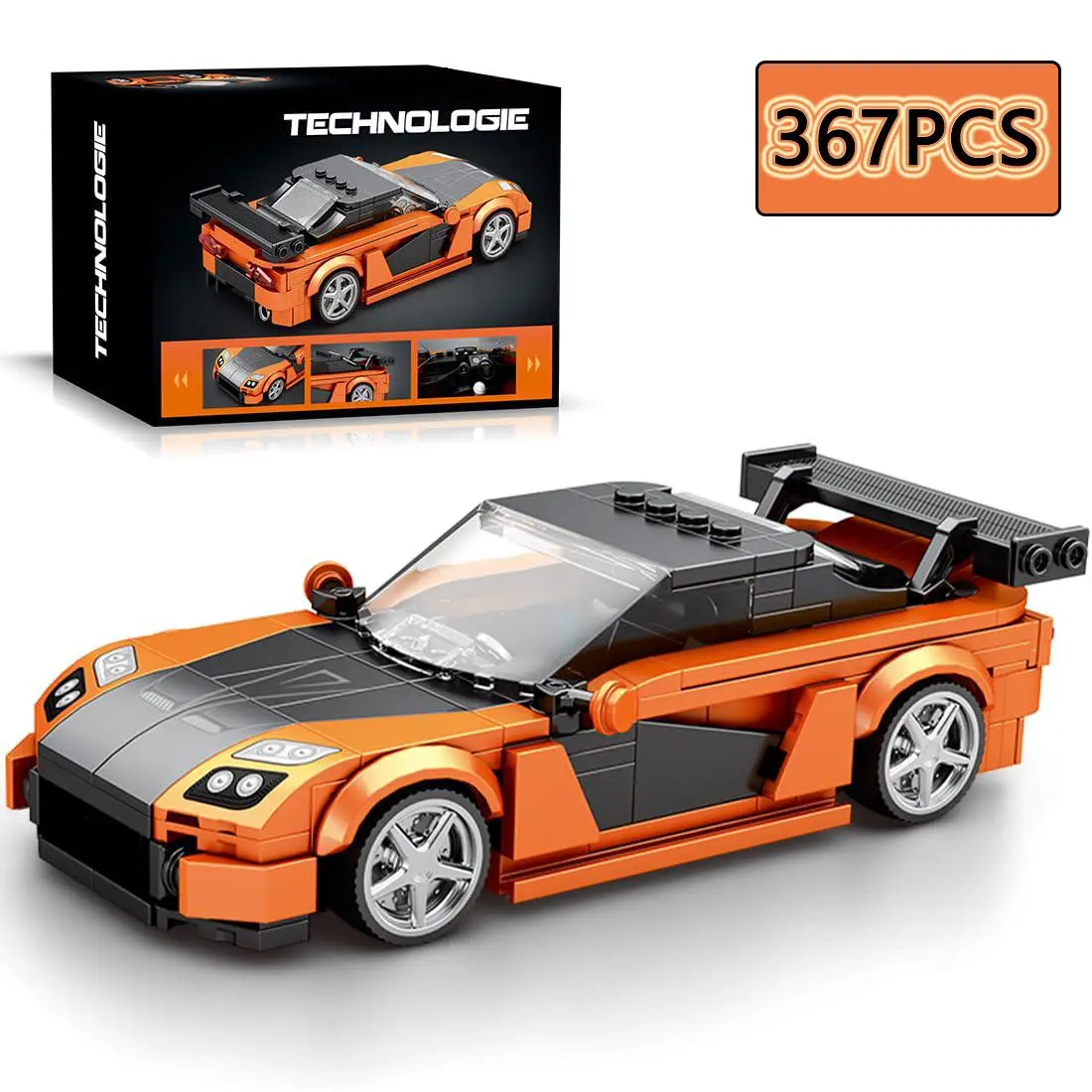 367PCS Orange Sports Car Building Blocks Classic Vehicle Car Model Desktop Decoration Creative DIY Toy Holiday Gifts For Kids