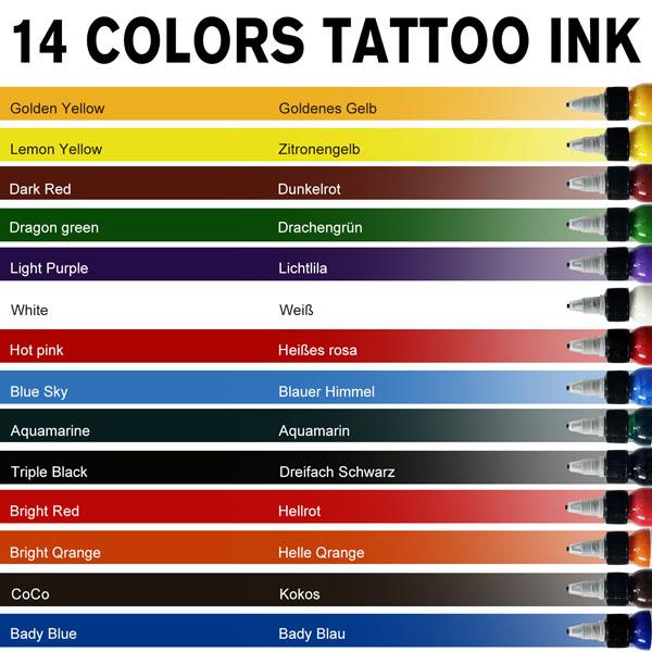 14-piece suit tattoo ink has high saturation, is easy to color, and is waterproof and never fades. It is a must-have for 3D makeup, tattoo,skin care and body art, which opens up unlimited possibilities for professional tattoo creation.