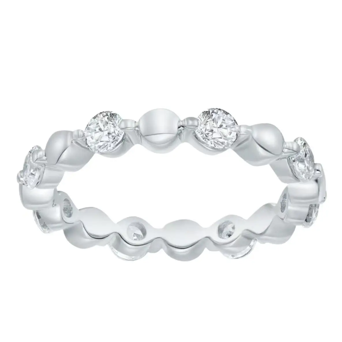 【1020】0.1CT*8 Synthetic Moissanite & Silver Bead Ring – Alternating Design, Great for Office, Casual, or Bridal Stack