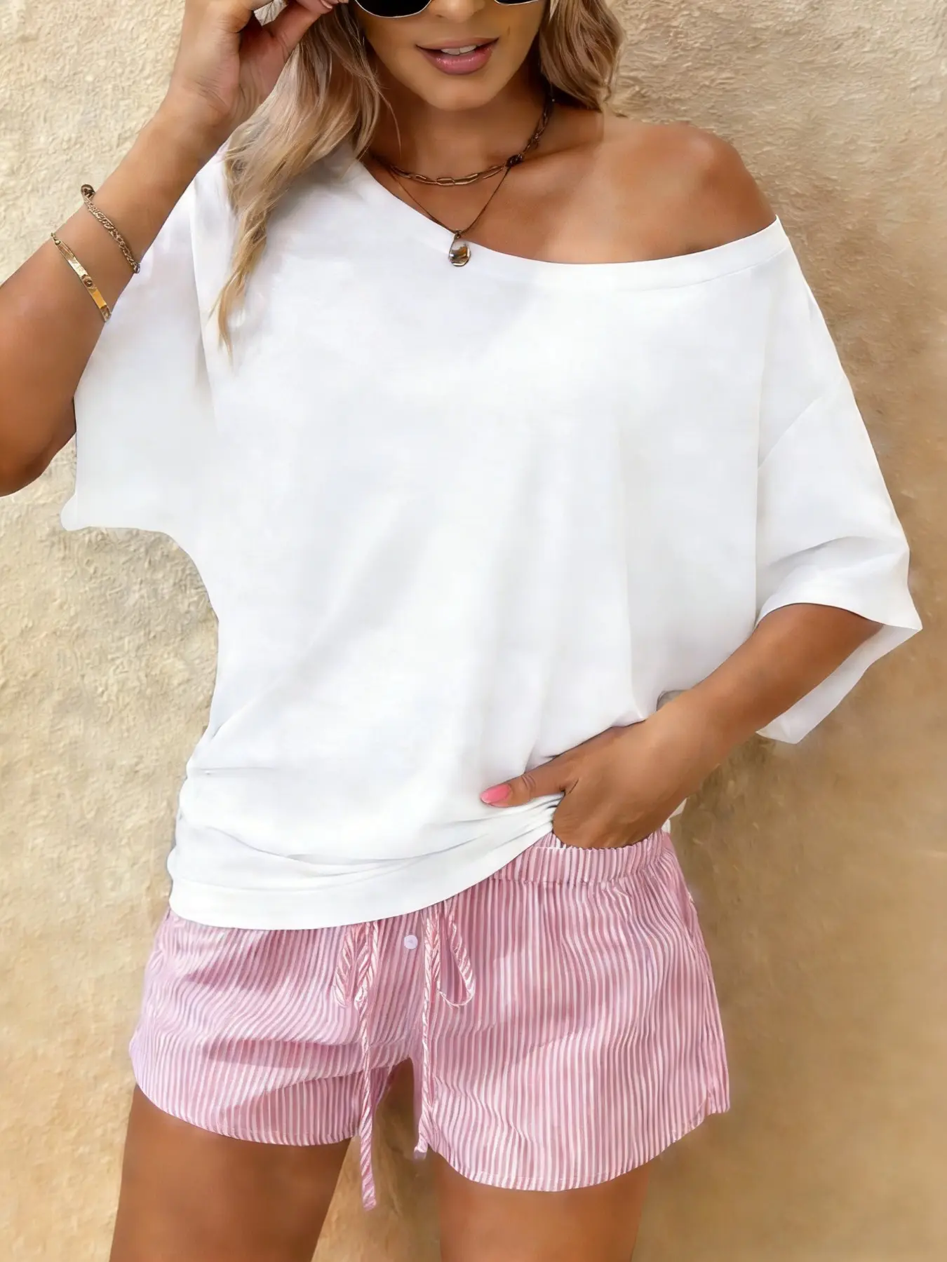 Women's Casual Loose Fit One Shoulder Top & Striped Shorts Set, Summer Fashion Womenswear, Lady Clothes, Babydoll Shorts Set, Casual Beach Set, Beach Outfit Set, Perfect for Outdoor Shopping and Party