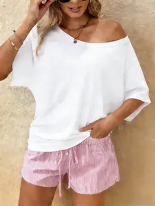 Women's Casual Loose One Shoulder Top & Striped Shorts Set, Summer Fashion Womenswear, Perfect for Outdoor Shopping and Party
