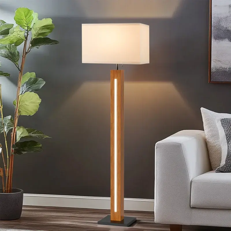 58.9'' Farmhouse Wooden Floor Lamp For Living Room, Built-in LED Beads Standing Lamp For Bedroom (Bulb Included)