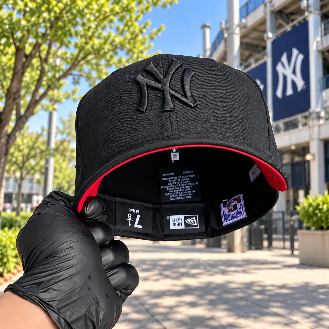 New York Yankees Blackout 59FIFTY Fitted Hat – Tonal Black NY Logo Red Undervisor Flat Brim Baseball Cap