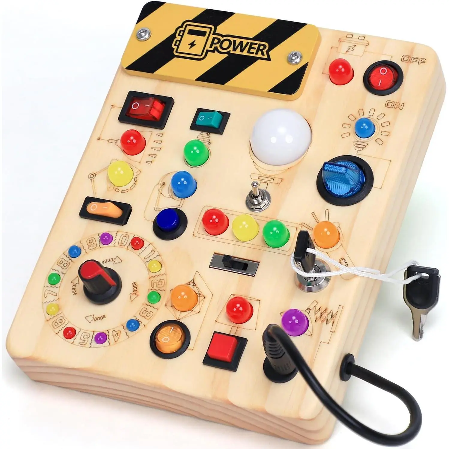BY-ITC162 Busy Board with LED Light Switches, Montessori Toys for 1 2 3 Years Old, Toddlers Wooden Toy Sensory Activity Board, Travel Toys for 1+ Year Old Boy & Girl Birthday Gift