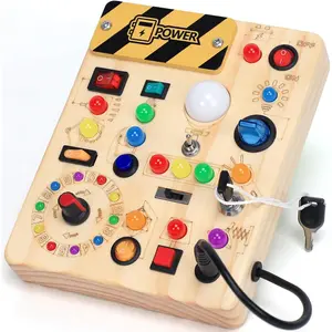 BY-ITC162 Busy Board with LED Light Switches, Montessori Toys for 1 2 3 Years Old, Toddlers Wooden Toy Sensory Activity Board, Travel Toys for 1+ Year Old Boy & Girl Birthday Gift