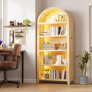 FREDEES Arched Bookcase - 5 Layers Bookshelf with 3 Color LED Sensor Lights & Thickened Wooden Design for LEGO Books & Storage - Ideal for Living Room & Kids' Room Decor