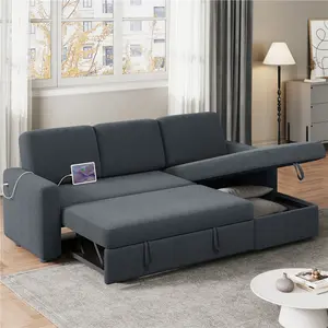 【4 Packages Delivery】Yaheetech L-Shaped Sectional Storage Sofa with Chaise, USB & Type-C Ports, Reversible Couch Sleeper with Pull Out Bed