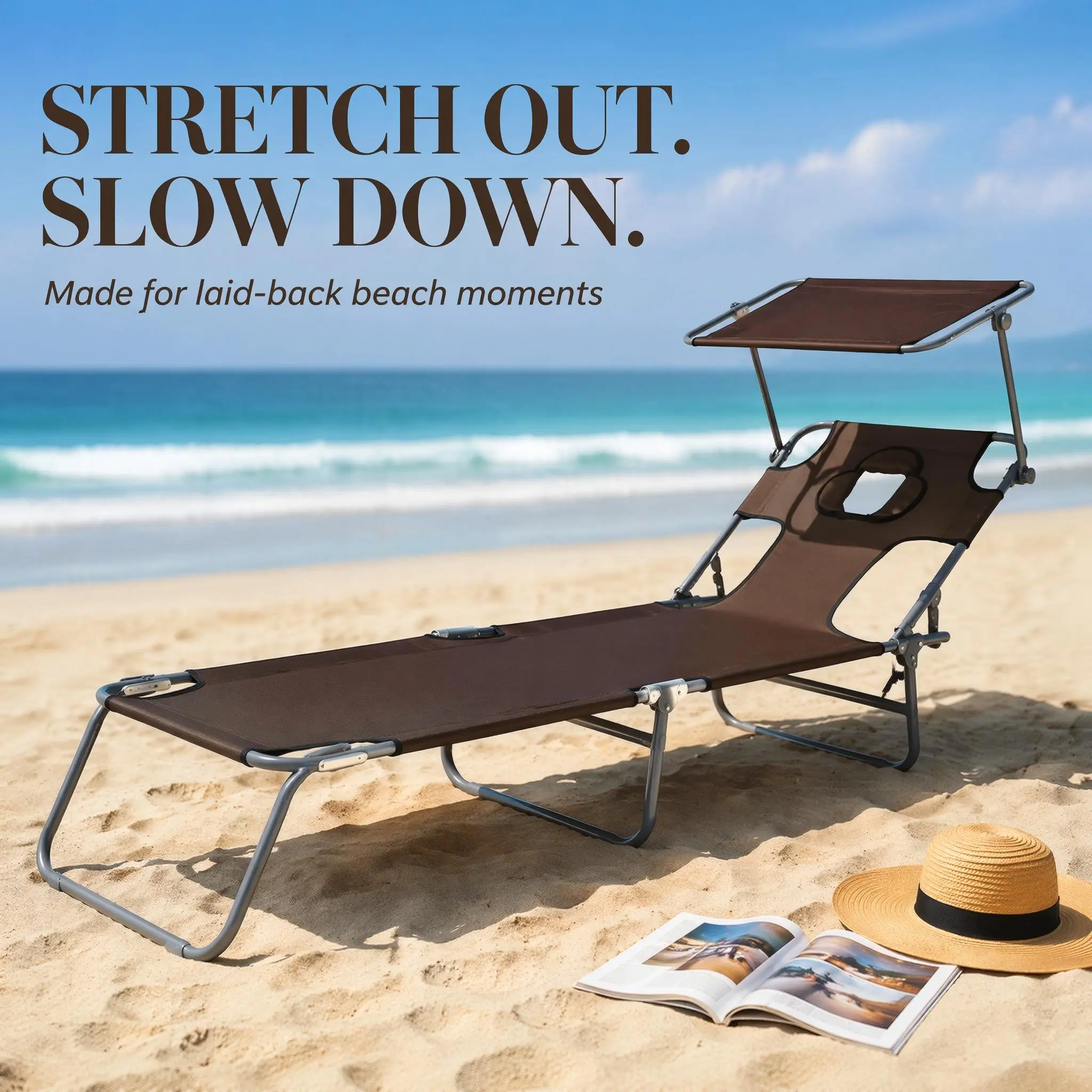 180° Flat Reclining Outdoor Sun Lounger- Foldable with Face Hole, Sunshade, Sun Protection - Ideal for Beach, Poolside, Garden Party