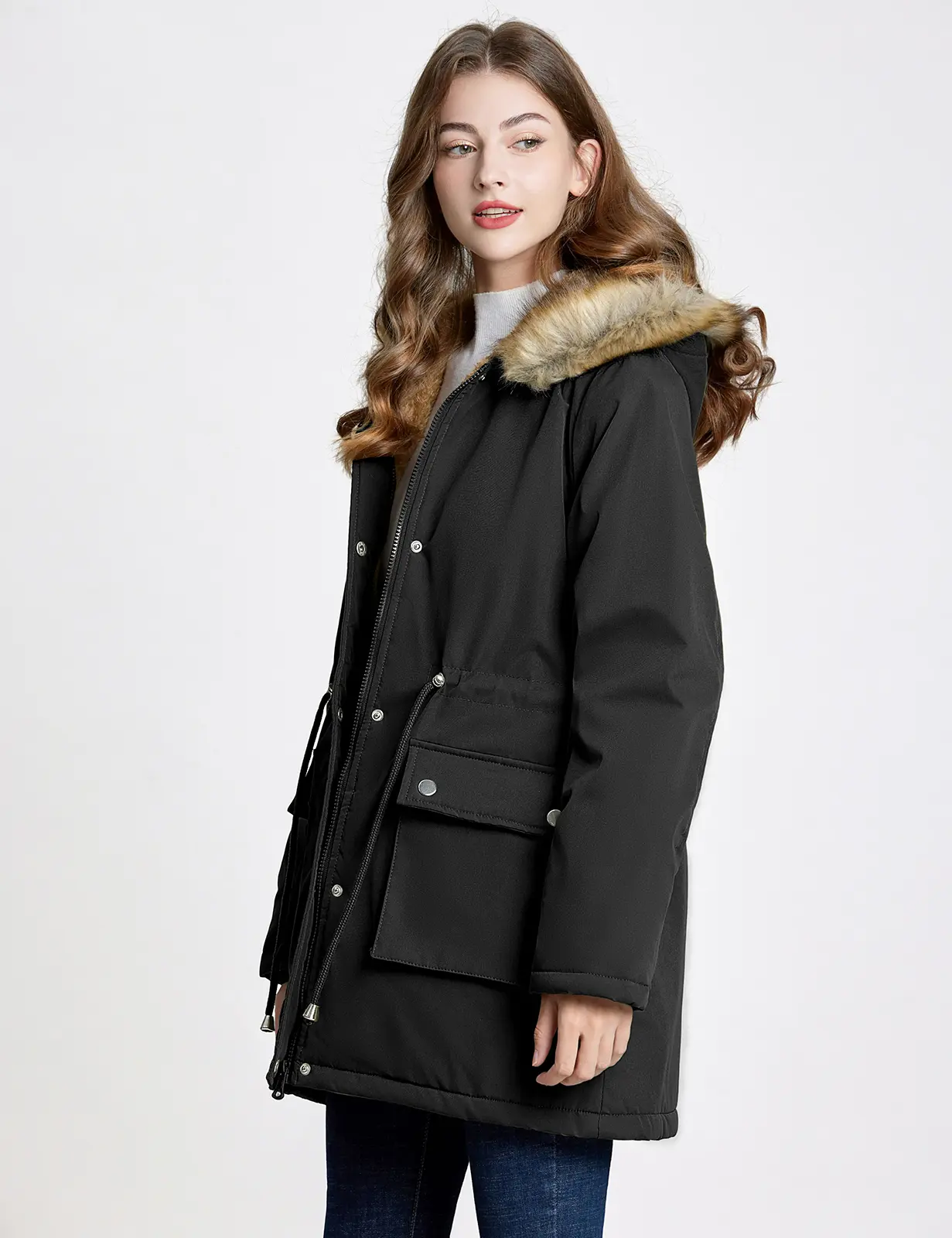 FASHORA Women's Long-Sleeve Autumn-Winter Short Puffy Down Coat - Hooded, Stand-Up Collar, Zipper, Button, Drawstring, Pockets, Basic Outdoor Parka Coat Faux Womenswear Outerwear Jackets Tops
