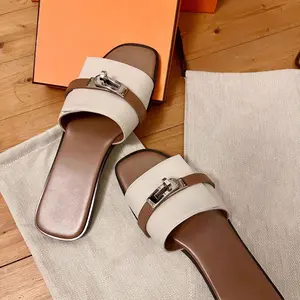 2025 French Buckle Leather Slide Sandals - Women's Minimalist Metal-Accent Mules |   Genuine Leather Flat Summer Slides |   Trendy Dressy Slippers for Outfits Footwear Walking Shoes