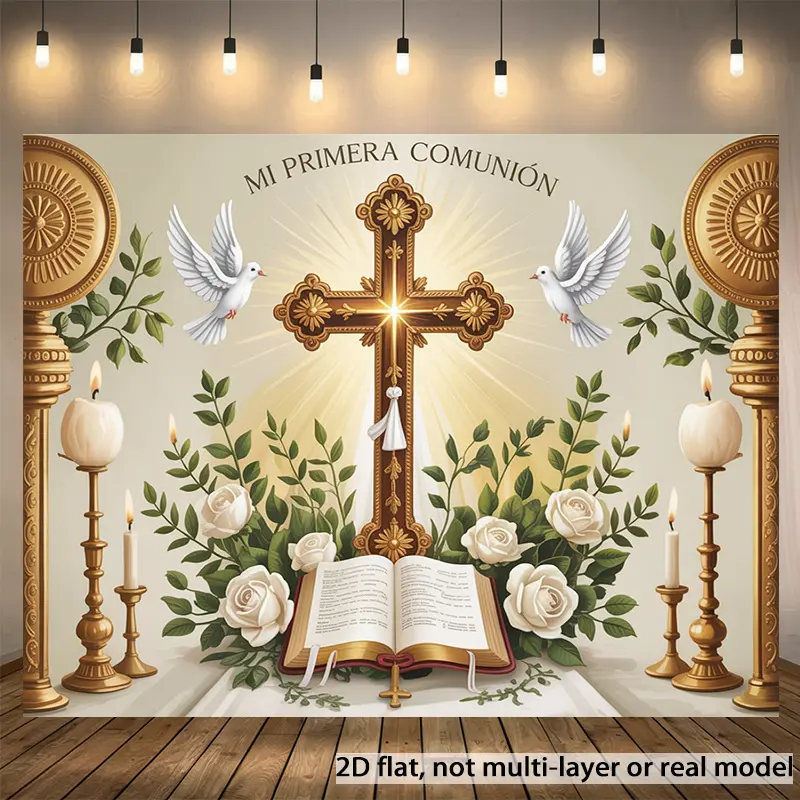 2D Flat, 2D Flat - 2D Flat, 2D Flat - Single 2D Flat Banner for First Communion, Featuring Illustration Background for Decoration. Made of Polyester, Suitable for Home, Room, And Wall Decor, As Well As Par