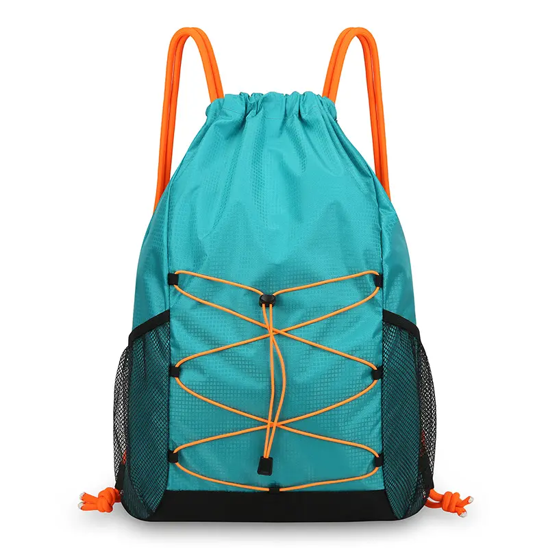 Lightweight Nylon Drawstring Backpack with PU Leather & Metallic Accents - Water-Resistant, Comfortable Wear Sports Daypack (2 Sizes) for Climbing, Gym, Daily Commute
