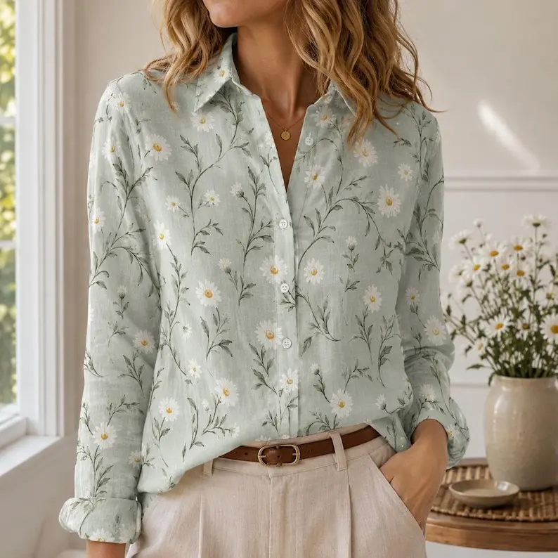 Daisy April Birth Flower Women's Button Shirt, Wildflower Botanical Blouse, Birth Month Floral Shirt for Her