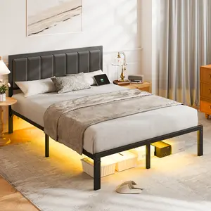 [Brandday][Memorialday] DAYAGO Modern Metal Platform Bed Frame with Upholstered Headboard, LED Lights, USB Charging Station, Black Finish - No Box Spring Needed, Small Unique Home Furniture Room Stable Indoor Furniture (Twin, Full, Queen Size)
