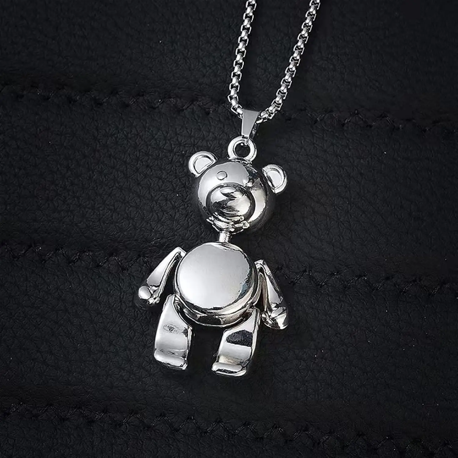 Movable Animal Teddy Pendant Necklace - Stainless Steel 27in (70cm) Long Chain, High-Polish Finish, Secure Lobster Clasp - Daily Fashion Jewelry for Casual Outings (1.5in (h) x 0.8in (w))