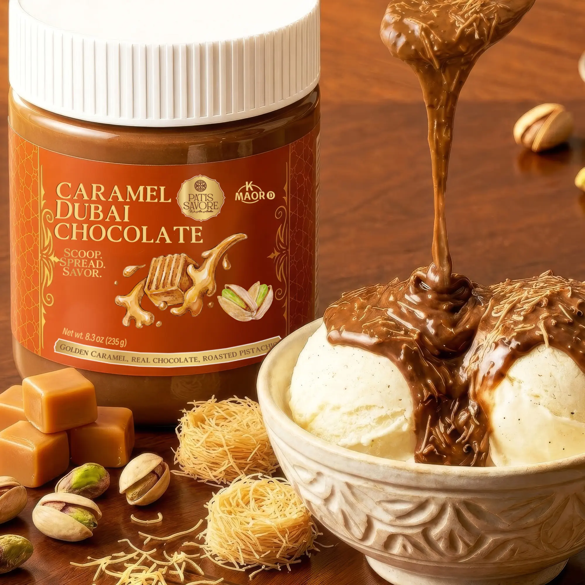 Dubai Milk Chocolate Spread Jar with Caramel and Crunchy Kataifi – 8.3oz Chocolate Delight – Rich Creamy Velvet Texture, Premium Holiday Dessert Gift Jar