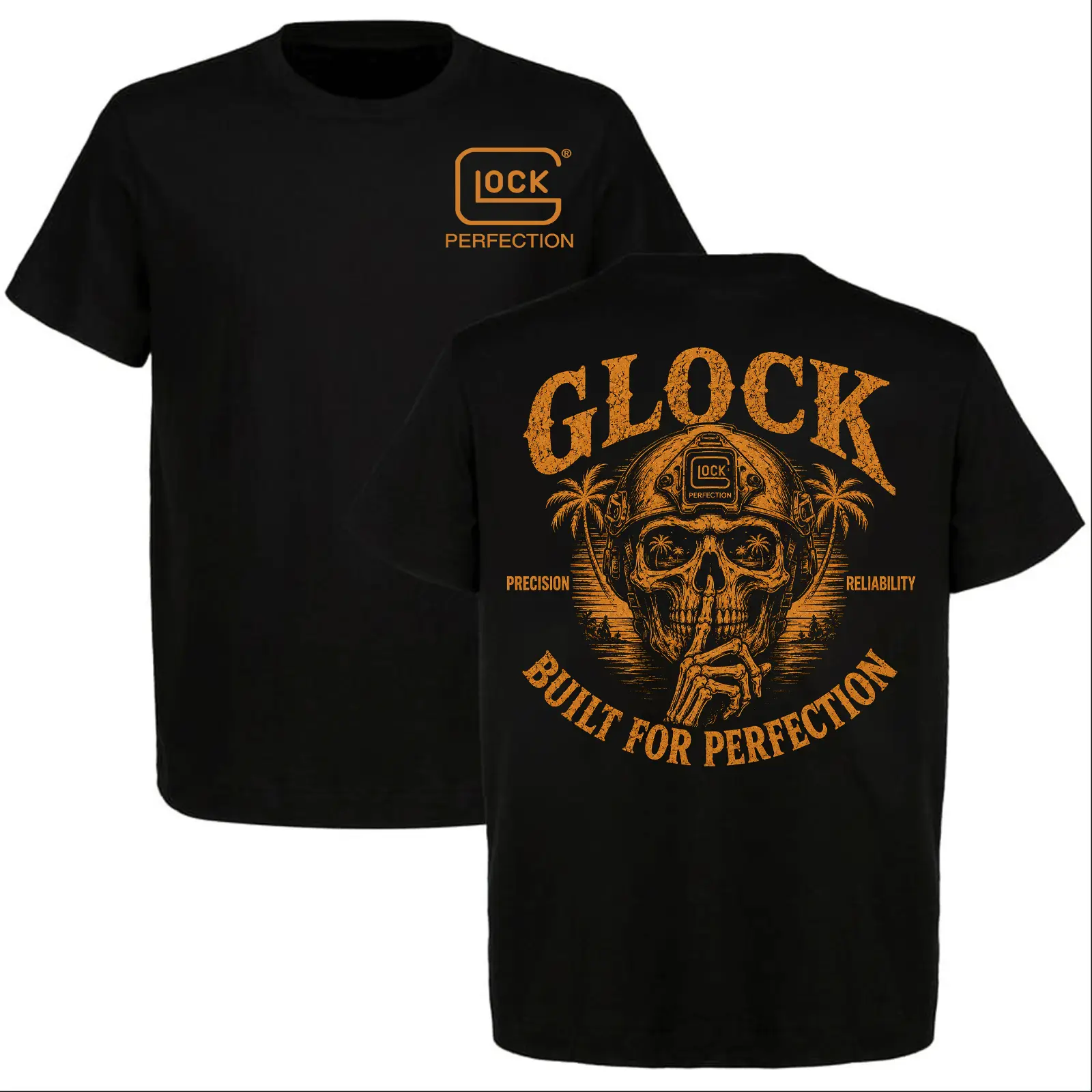 Glock T-Shirt Built For Perfection | Glock Perfection Precision Reliability Skull Shirt | Tactical Summer Front And Back Tee
