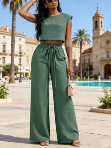 Women’s Linen 2 Piece Set, Crop Top & Wide Leg Pants, Drawstring Waist, Summer Vacation, Beach Resort Wear, Effortless Chic Style