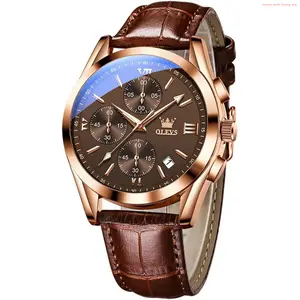 Fashion Brand OLEVS Mens Watches-Chronograph Fashion Casual Analog Quartz Watch Waterproof, Dress Luminous Wrist Watches with Leather Strap for Men Black/Brown/White/Blue Dial (brownbandrosecasecoffeedial)