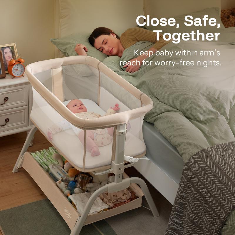HARPPA Cuddly Lite 2-in-1 Baby Bassinet & Bedside Sleeper, storage Bassinet for Baby with Wheels & Storage Basket, Portable Crib, Breathable Mesh and Mattress, Height Adjustable