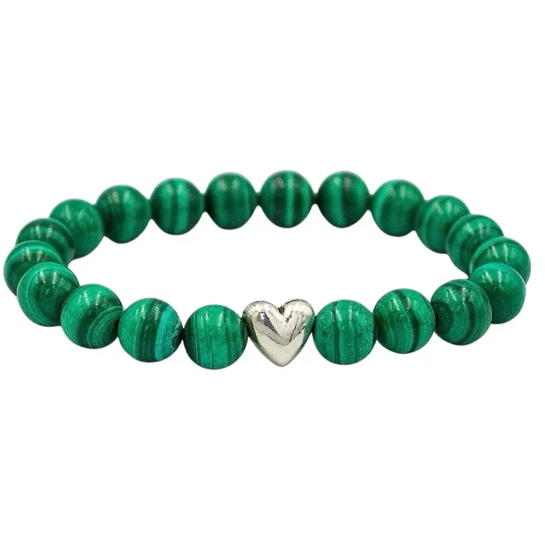 Malachite Resilient Heart Gemstone Bracelet - Green Beads with Heart Charm, Simple Design