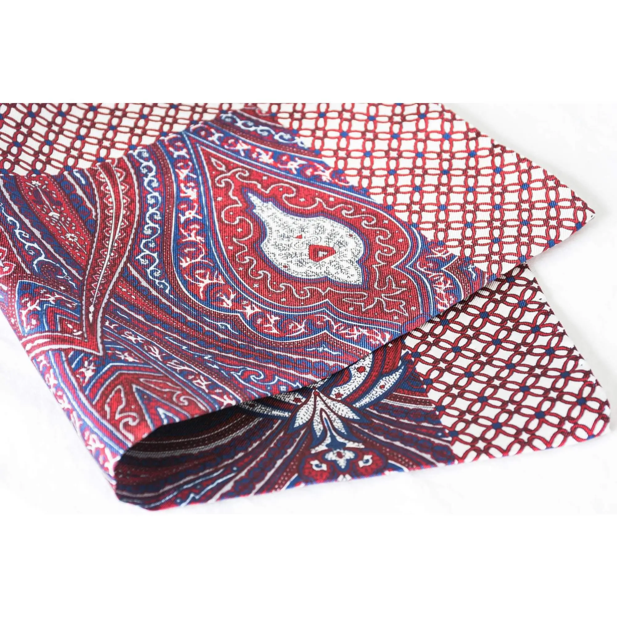 Red Silk Paisley Pocket Square with White Geometric Border