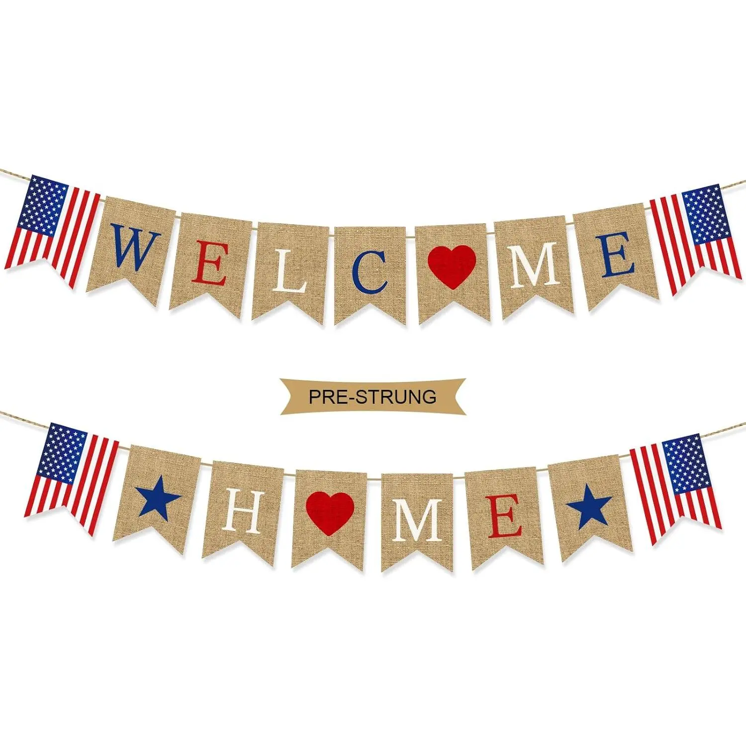 Pre-Strung Corded Burlap Patriotic Welcome Home Bunting Banner - Military Backdrop, Party Signs for Army-Navy Homecoming, Front Door Housewarming Decor, Hearts-Themed Gift, Letters, Water Resistant
