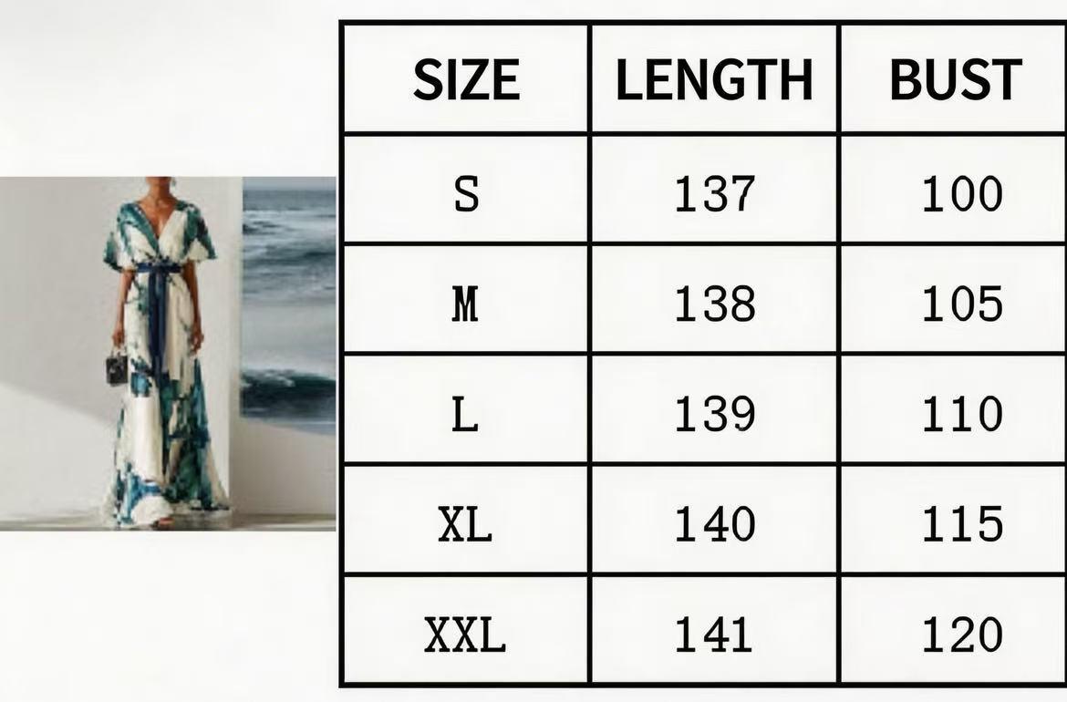 2026 Summer Watercolor Print Maxi Dress - V-neck Tie Waist, Batwing Sleeves And Pleated Details, Loose Bohemian Wedding Party Dress (blue/white/black/beige), Elegant Tassel Design For Wedding And Holiday Wear, A Must-have For Bohemian Lover Fit Womenswear