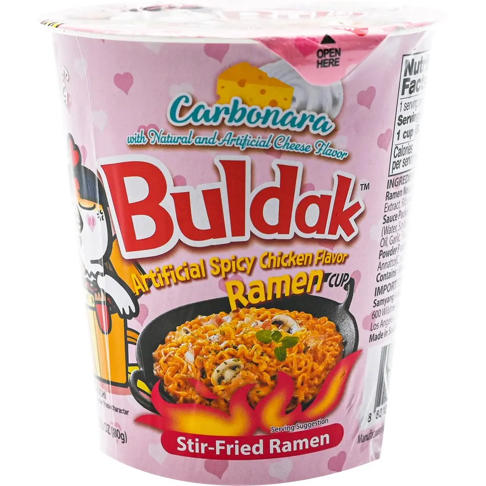 Samyang Buldak Carbonara Spicy Creamy Chicken Ramen Noodle Cups, 80g Ambient Korean Instant Noodles, Asian Food Snacks, Asian Pantry Ready-to-Eat Food