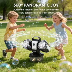 Dual Head Remote Control Bubble Machine, Rechargeable RGB Atmosphere Light, 360° Auto Rotation, Includes 50ML Concentrated Solution, Party Bubble Machine